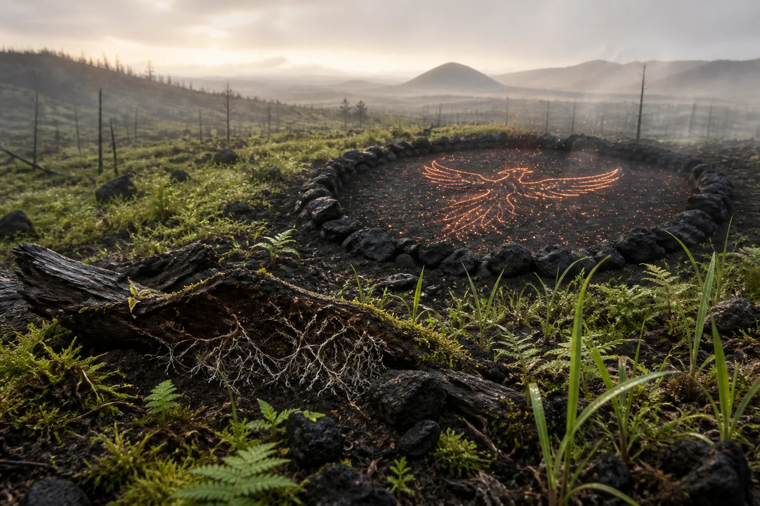 Young ferns, grasses and moss growing through dark post-disturbance soil beside a circular volcanic-rock phoenix artwork